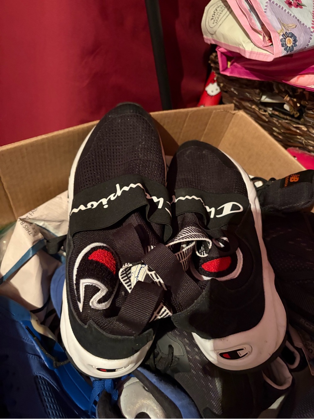 Champion Black and White Slip-On Sneakers with Red Accent